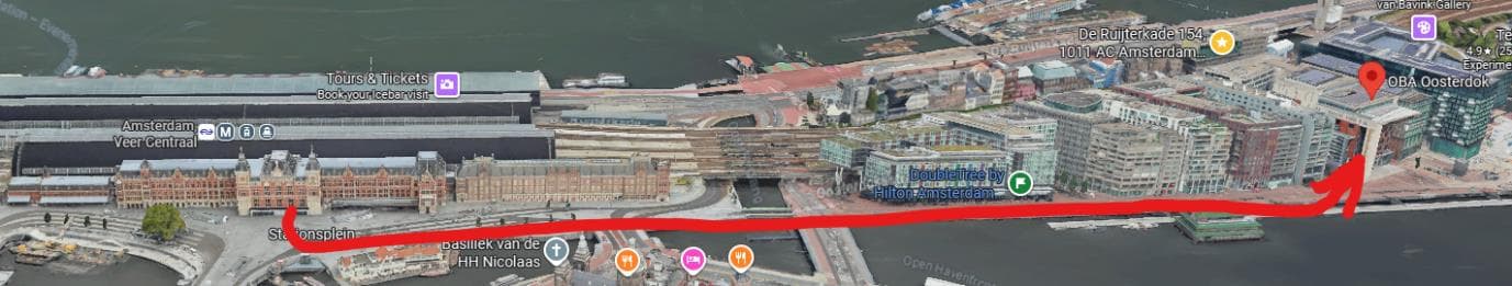 Aerial map of the walking route from Amsterdam Centraal east along the Oosterdokskade to OBA Oosterdok.