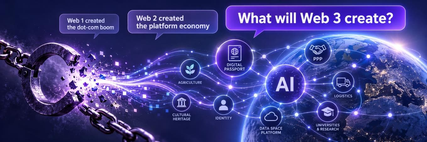 Web 1 created the dot-com boom. Web 2 created the platform economy. What will Web 3 create? — a data space linking agriculture, cultural heritage, identity, digital passports, logistics, universities and research, AI and public-private partnership around one globe.